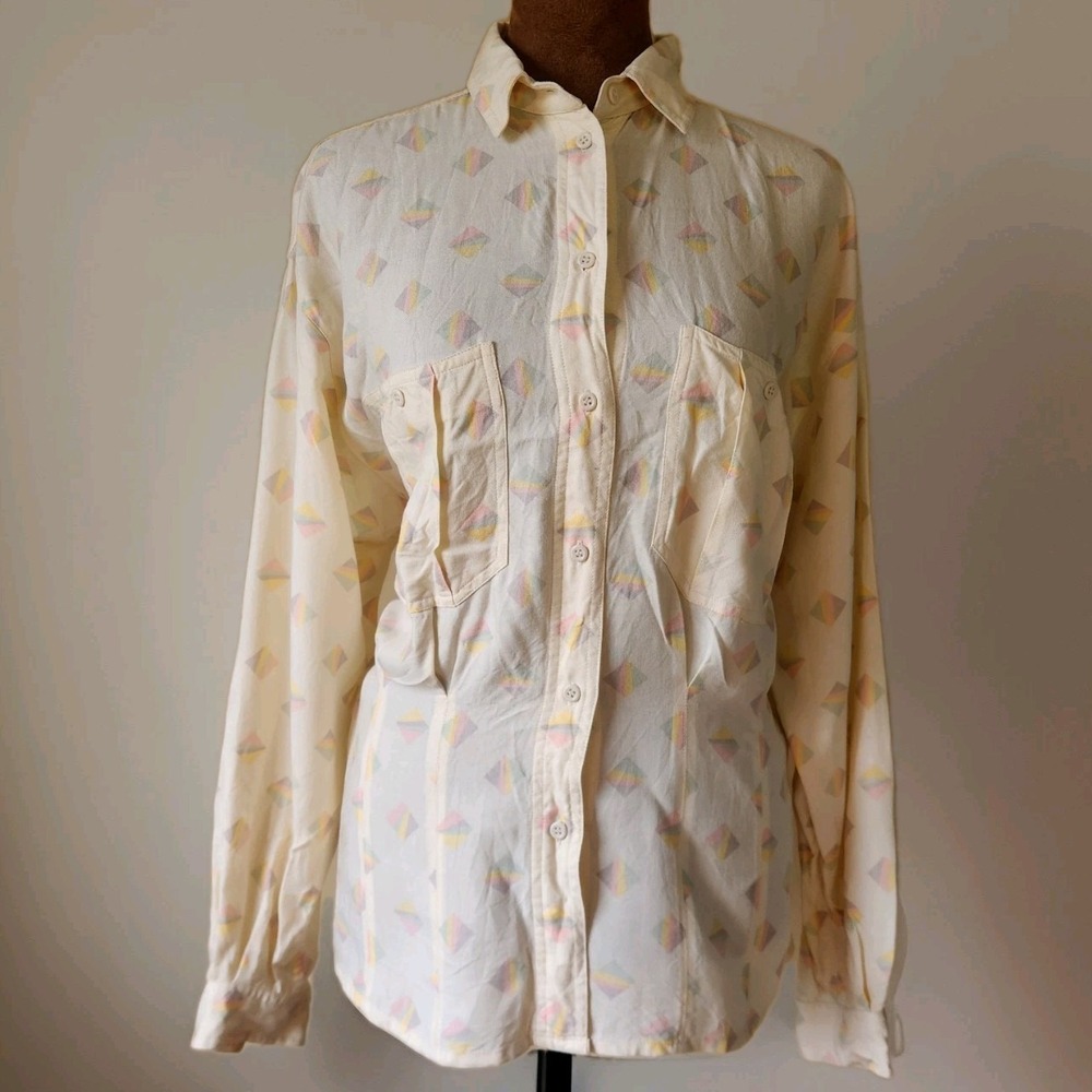 Liz Sport Vintage Top Button Down Shirt Long‎ Sleeve Pastel Geometric Size M 90s